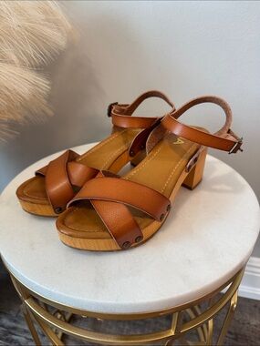 MIA Brown Leather Block Heel Sandals with Ankle Strap